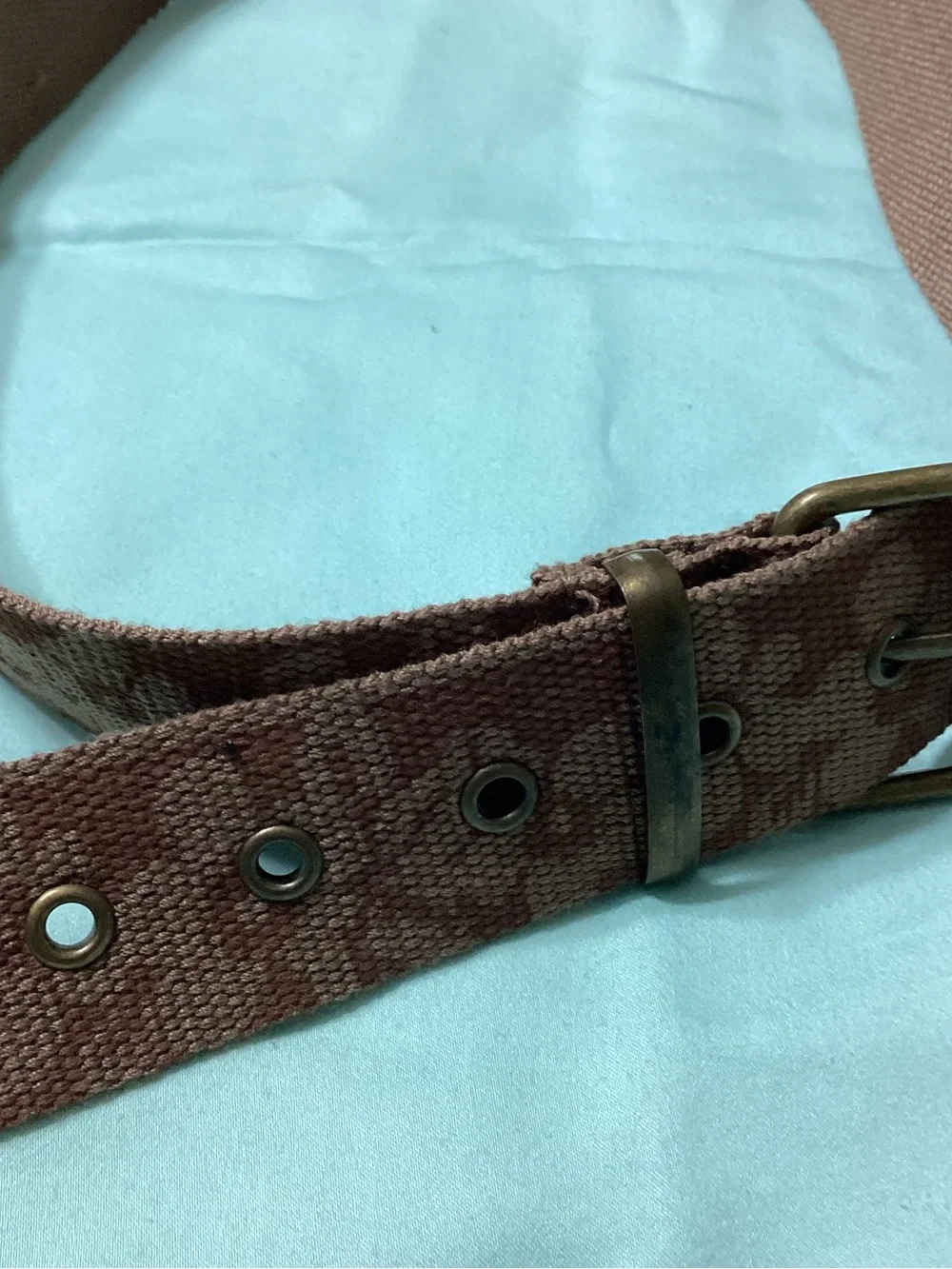 Ladies Brown Canvas Floral Embossed Brass Tone OS Belt